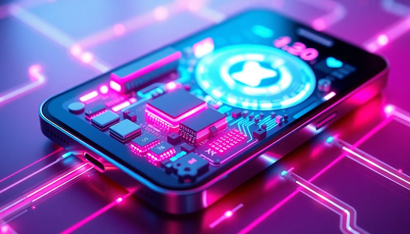 A close-up, highly detailed 3D illustration of a futuristic iPhone device, with its internal components illuminated by neon cyan and magenta lights, conceptually representing the enhanced security and connectivity features of the iOS 26.4.1 update.