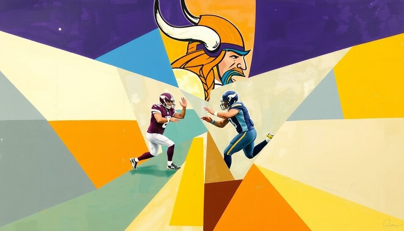 A cubist-style painting depicting a fragmented, geometric representation of a Minnesota Vikings quarterback, with sharp, overlapping planes of color and form capturing the dynamic nature of the team's quarterback competition.