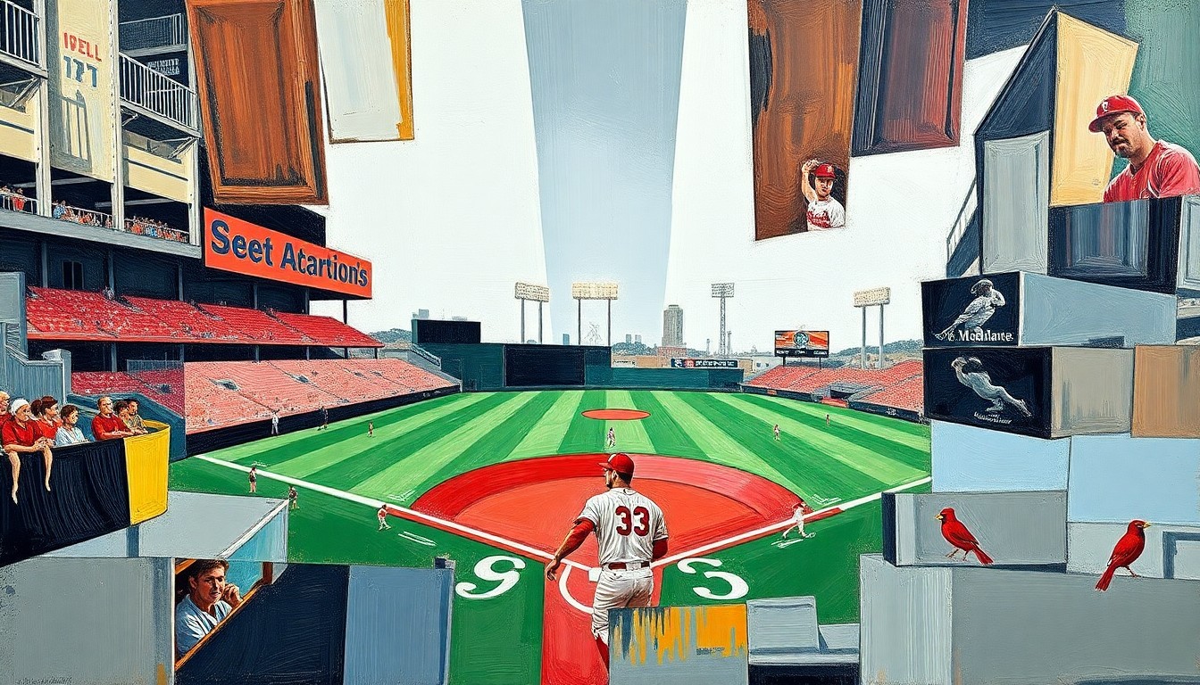 A cubist, geometric painting depicting the motion and energy of two baseball players stealing home plate, with the field and players broken down into sharp, overlapping planes of color.