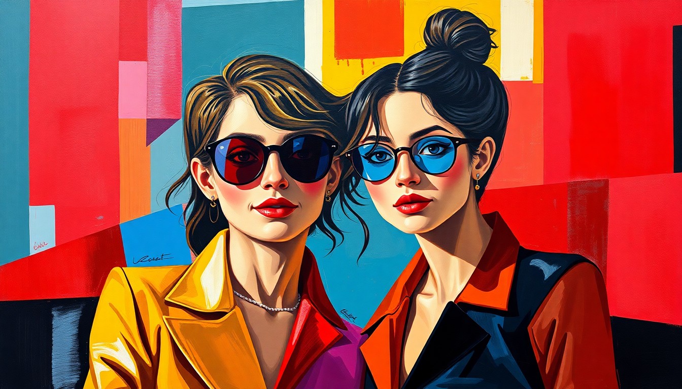 A cubist, geometric painting in vibrant colors depicting the overlapping and fragmented fashion choices and expressions of the Hunt sisters, capturing the energy and drama of their sibling dynamic.