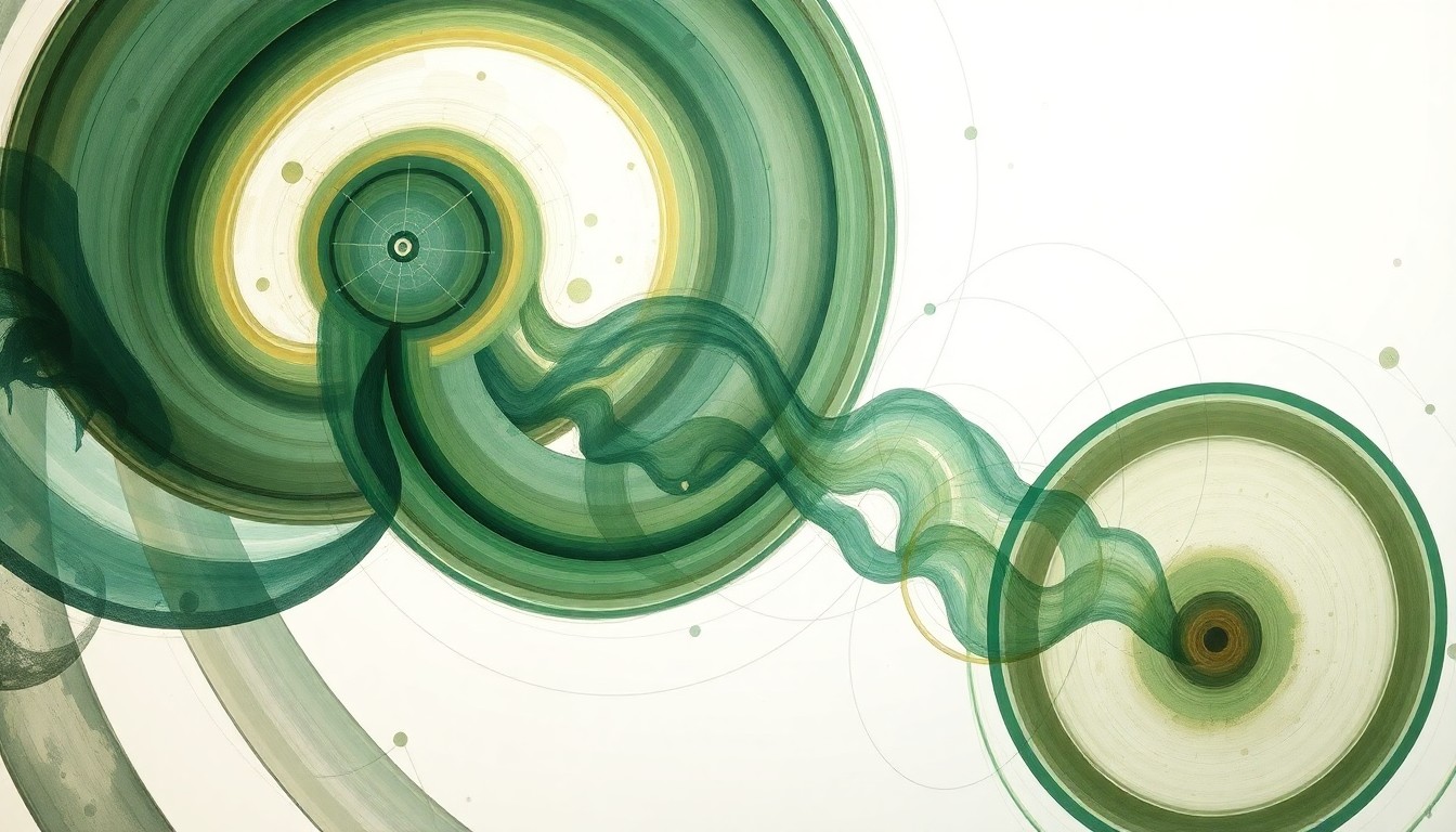 A highly structured abstract painting in soft, earthy tones of green, blue, and brown, featuring sweeping geometric arcs, concentric circles, and precise botanical spirals, conceptually representing the complex molecular structure and efficient ion transport channels of the new superionic polymer electrolyte material.
