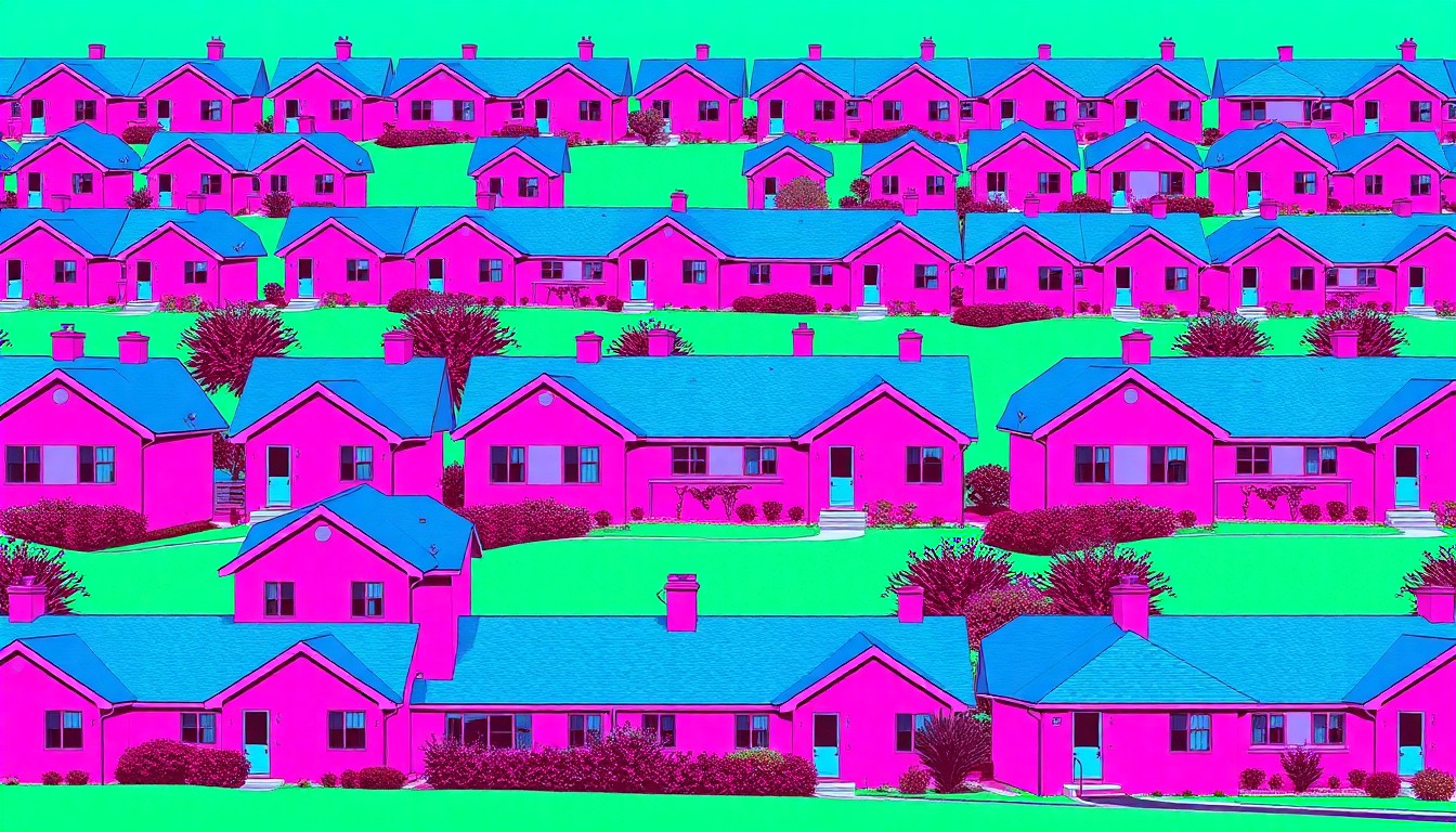 A bold, colorful silkscreen print featuring a repeated pattern of a simple suburban house in vibrant neon shades, conceptually representing the trend of Americans moving from expensive coastal areas to more affordable Sunbelt regions.