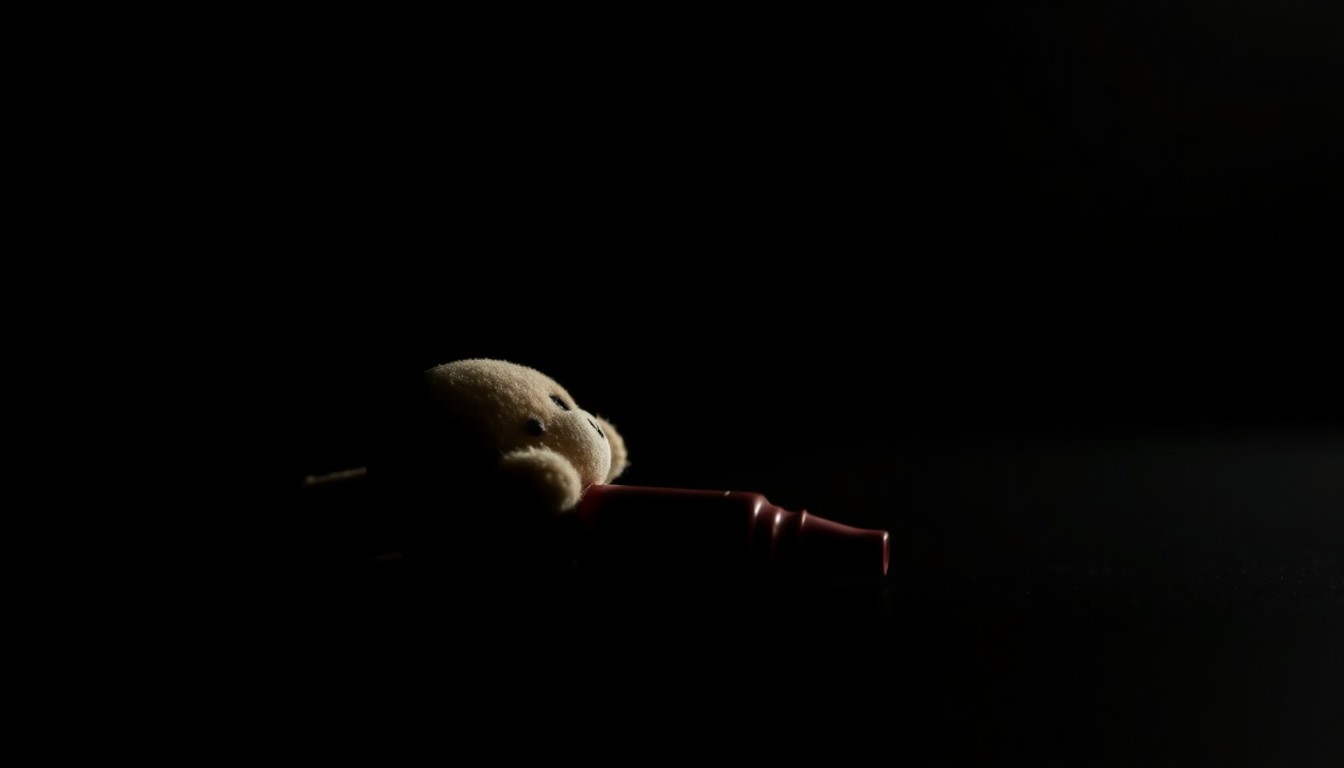 An extreme close-up photograph of a small, worn stuffed animal lying on a shadowy concrete surface, lit by a harsh, direct camera flash to create a stark, gritty, and investigative aesthetic.