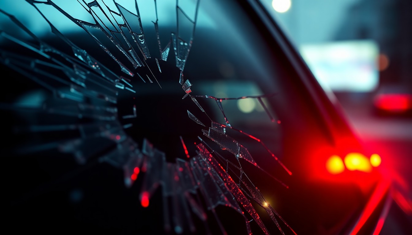 An extreme close-up photograph of shattered glass reflecting a faint red light, conveying the gritty aftermath of a police shooting incident.
