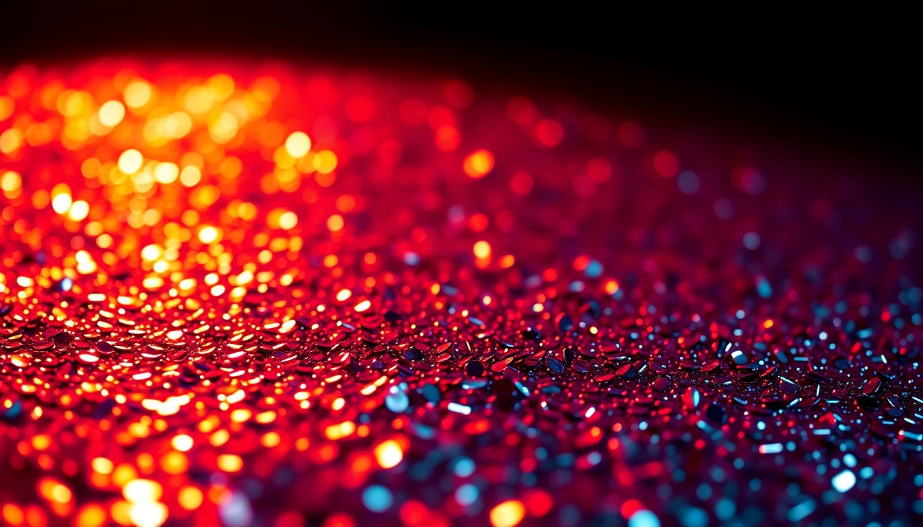 An abstract close-up photograph of shimmering, glittering sequins in dramatic, high-contrast studio lighting, conceptually representing the glamour and artistry of the music industry.