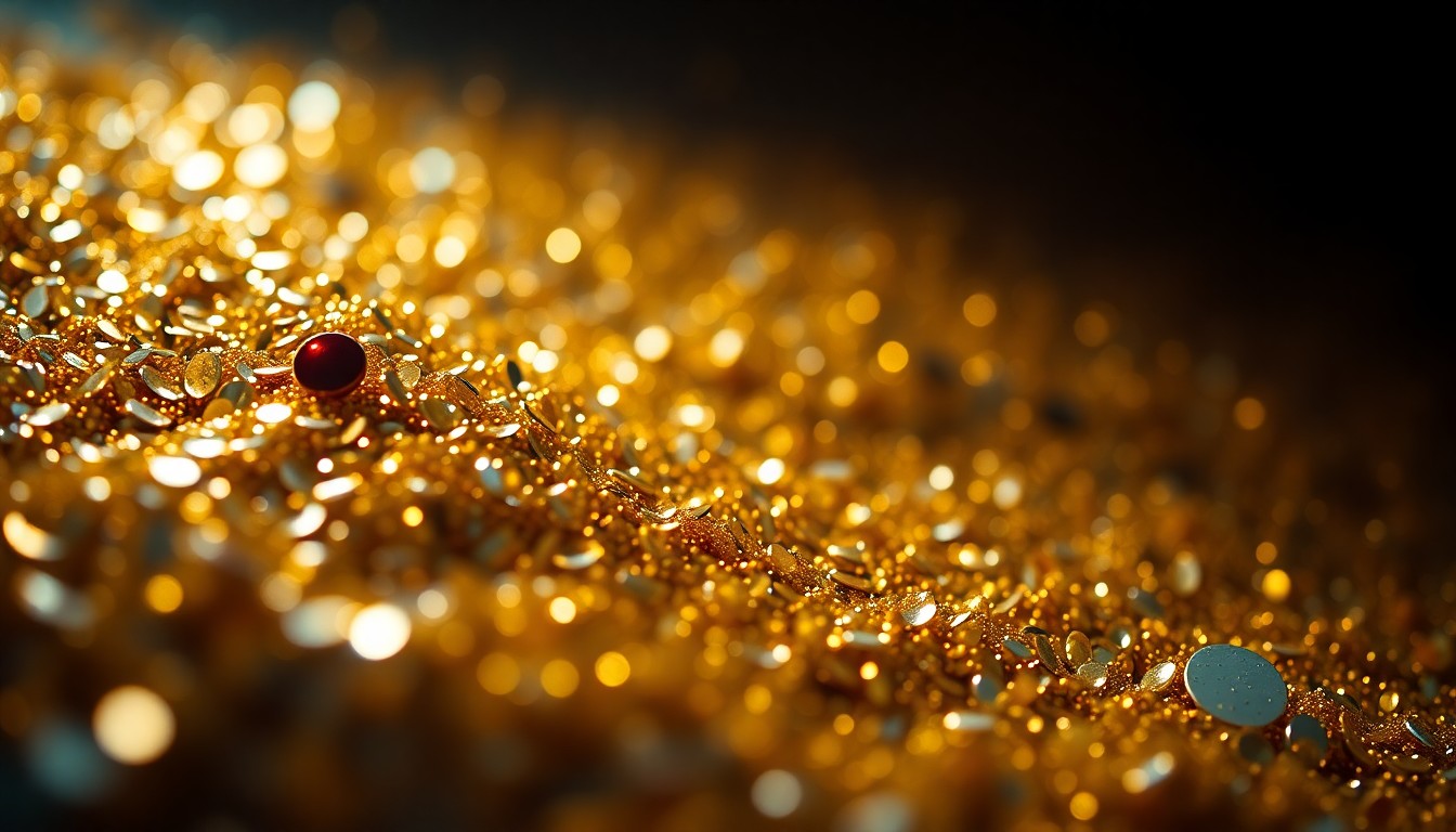 An extreme close-up of shimmering gold and silver sequins, captured in dramatic, high-contrast studio lighting to evoke the glamour and opulence of a celebrity wedding.