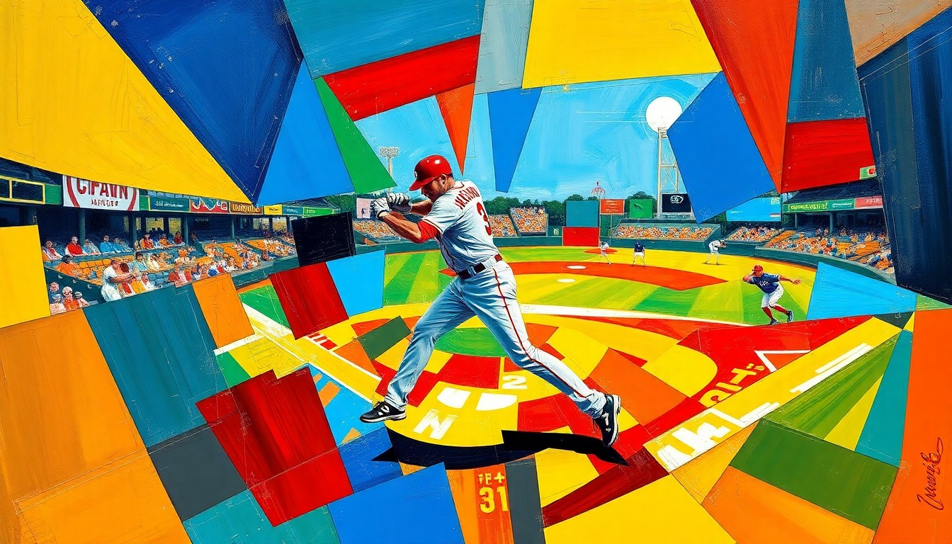 A fragmented, geometric painting depicting a baseball pitcher's motion, with sharp planes of color and overlapping perspectives conveying the sport's raw athleticism.