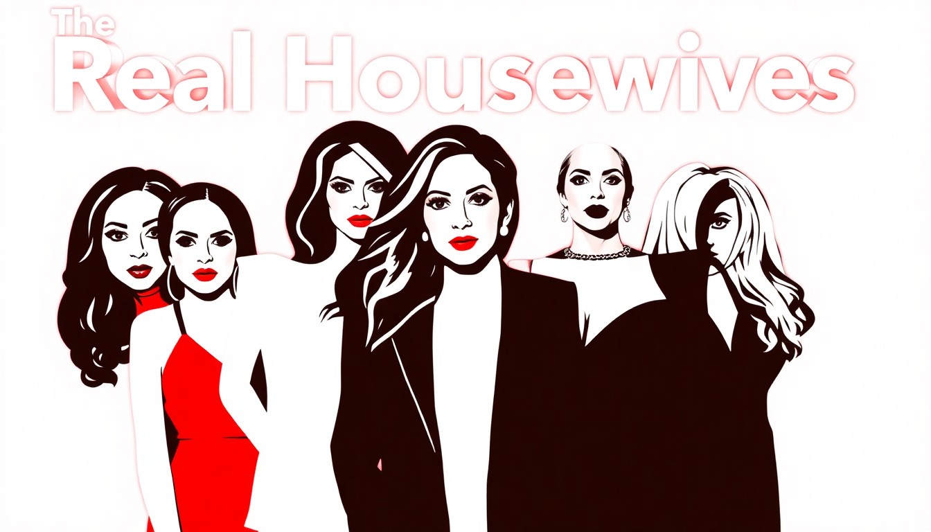 A striking abstract composition of jagged red, white, and black geometric shapes, representing the energy and drama of the 'Real Housewives of Potomac' cast.