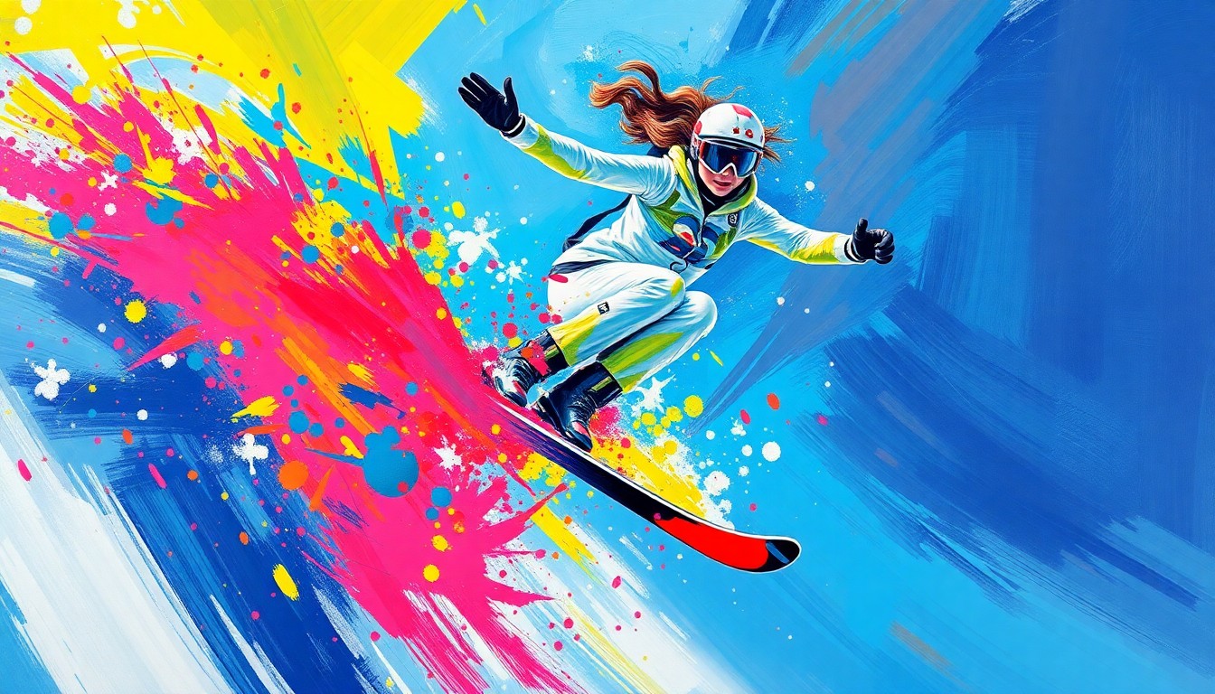 A vibrant, expressionist painting depicting the dynamic motion and energy of a female freestyle skier mid-jump, with her body dissolving into a colorful blur of movement.