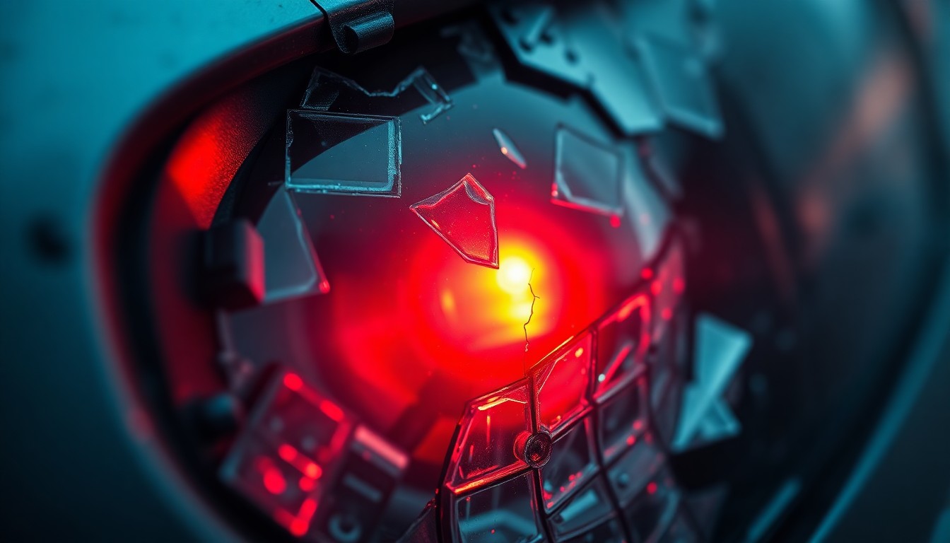 An extreme close-up of a shattered car sensor lens reflecting a faint red light, conceptually illustrating the aftermath of a tragic incident involving a vehicle.