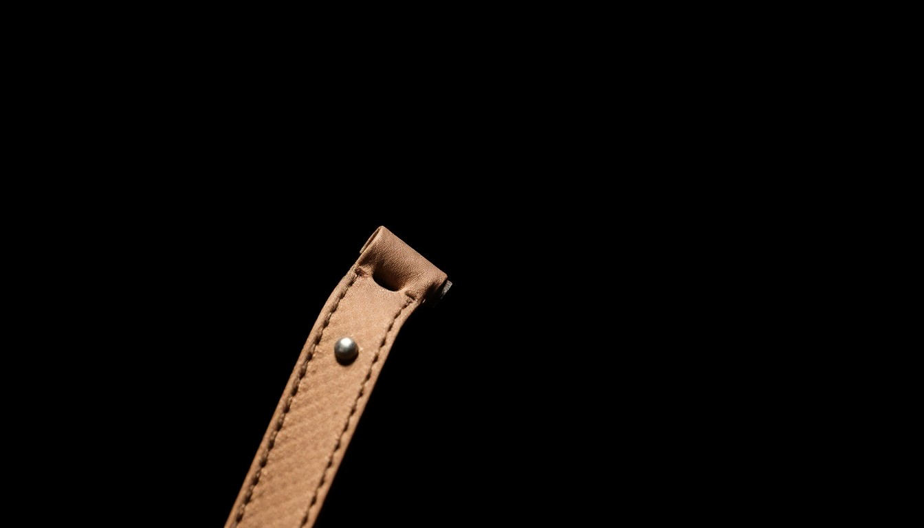 An extreme close-up photograph of a twisted, rusted metal strap against a pitch-black background, lit by a harsh camera flash, conceptually representing a piece of physical evidence from a grim crime scene.