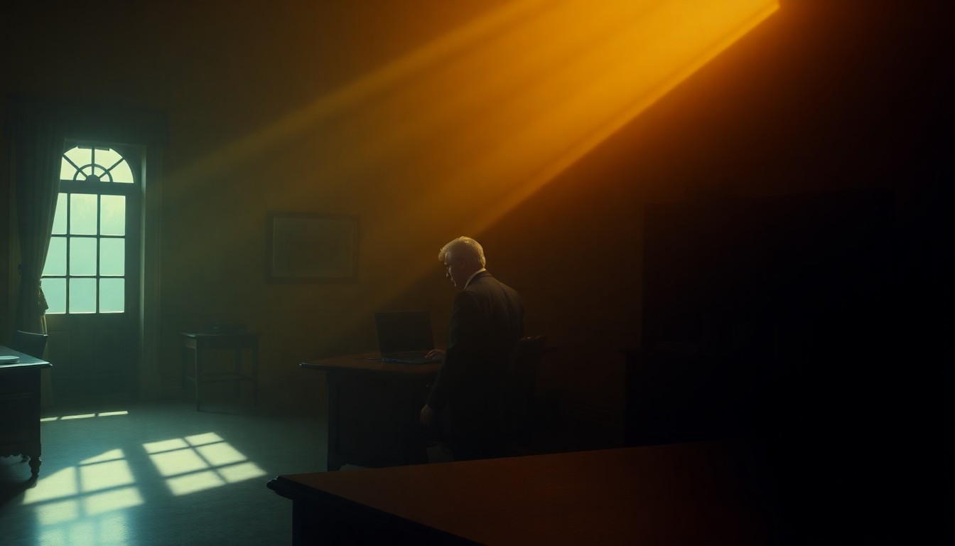 A cinematic painting of a solitary political figure sitting alone in a dimly lit office, the warm sunlight casting dramatic shadows across the room, capturing the melancholy and introspection of a life in the public eye.