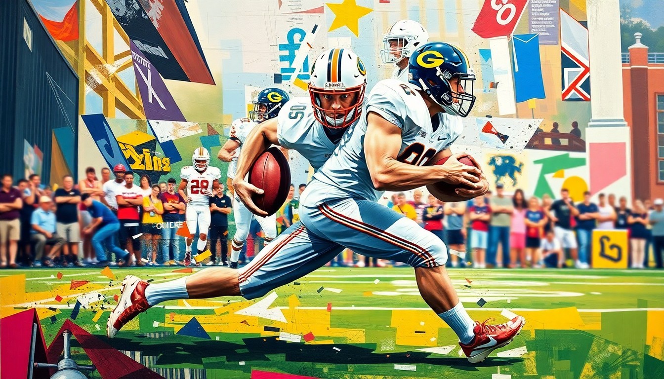 A fractured, geometric painting depicting the dynamic movements and energy of a high school football player in action, with sharp, overlapping planes of color and form.