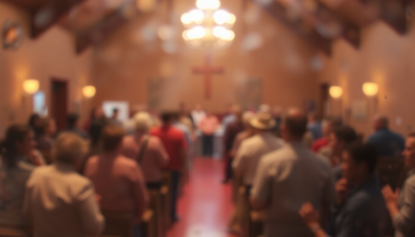 An abstract, impressionistic scene of blurred figures gathered in a warm, softly lit indoor space, conveying a sense of community and spiritual connection.