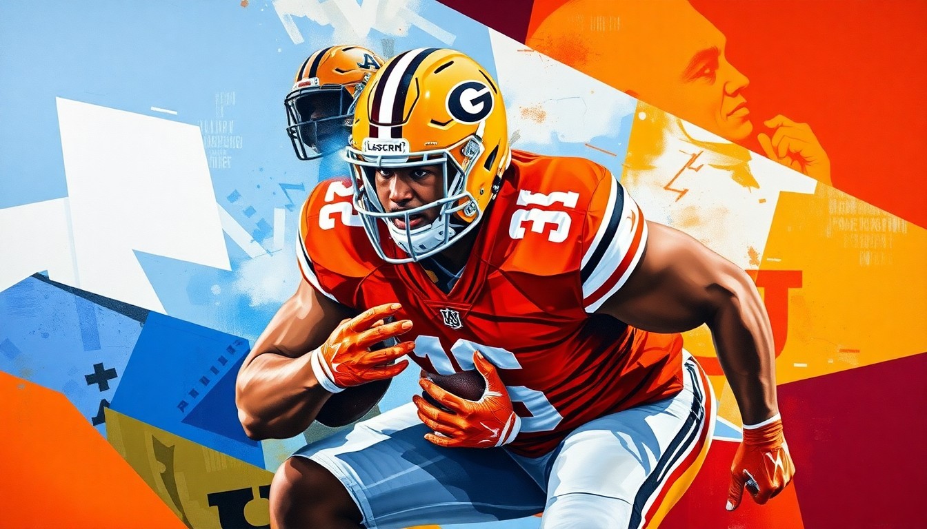 A cubist-style painting depicting a defensive lineman in action, with the player's body broken down into sharp, overlapping geometric shapes in a vibrant color palette, conveying the intense competition for this highly-touted recruit.