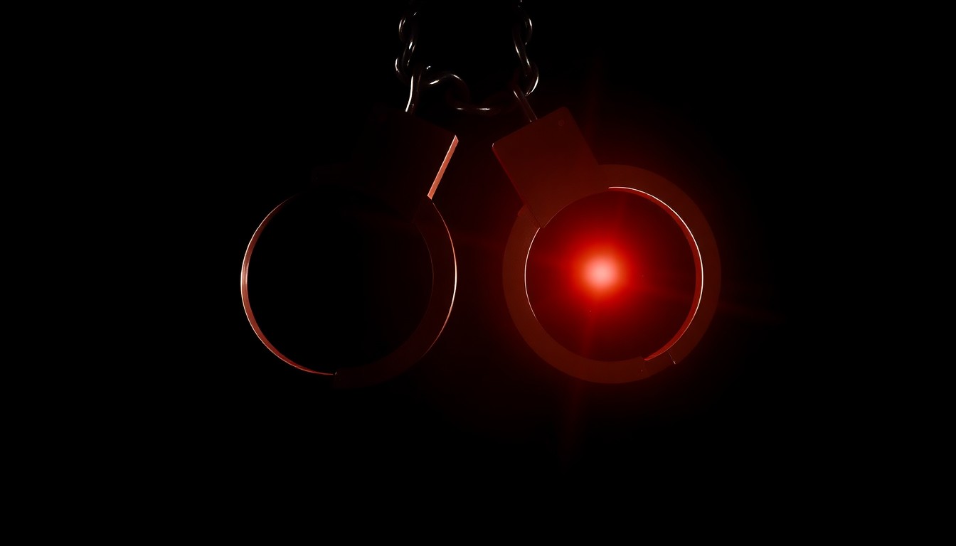 An extreme close-up photograph of a pair of handcuffs against a pitch-black background, conceptually representing the harsh realities of the criminal justice system.