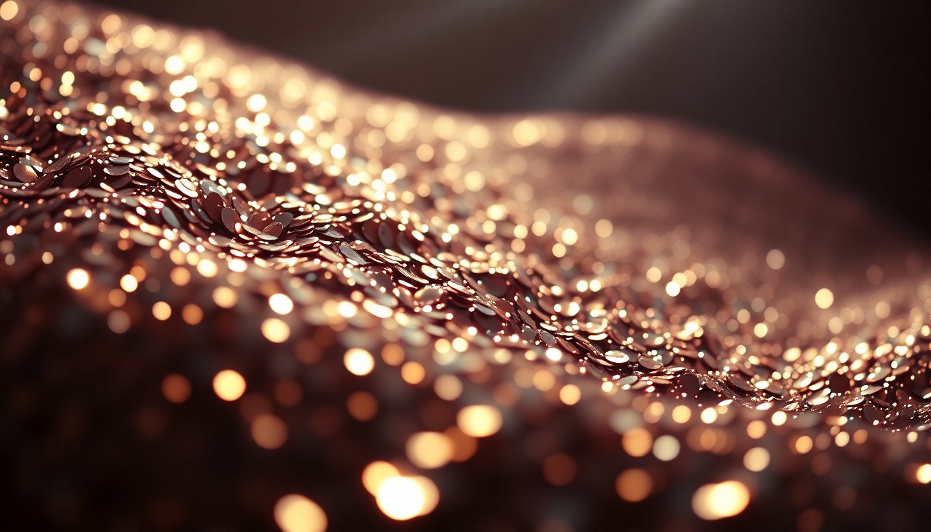 An abstract close-up photograph of shimmering, high-contrast sequins in dramatic studio lighting, capturing the glamour and style of the Devil Wears Prada franchise.