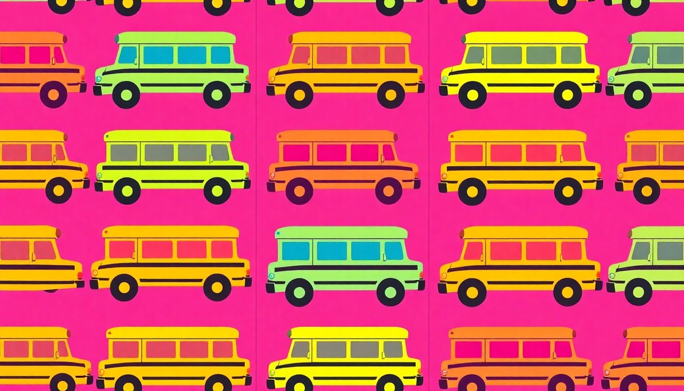 A bold, colorful silkscreen-style illustration featuring a repeating grid of stylized school bus icons in vibrant neon hues, conceptually representing the tensions and uncertainties surrounding the potential teachers' strike in Los Angeles.