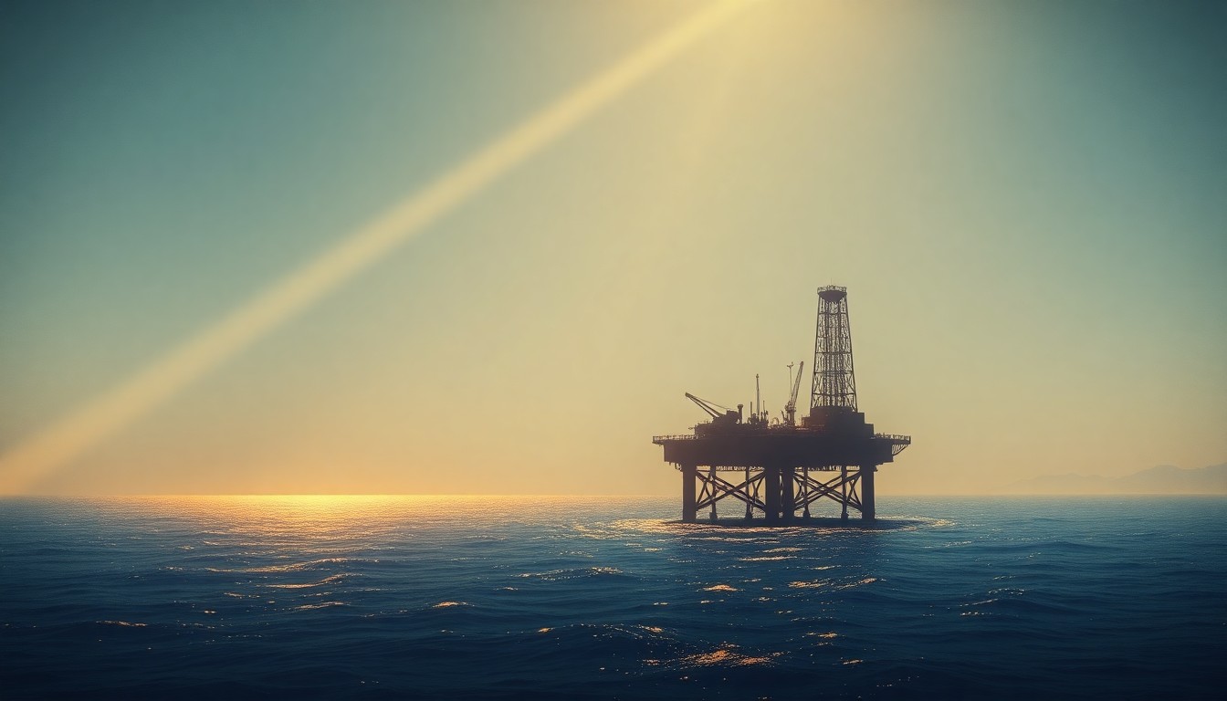 A serene, cinematic painting of a solitary offshore oil platform against a backdrop of the California coastline, with warm, diagonal sunlight and deep shadows creating a contemplative mood.