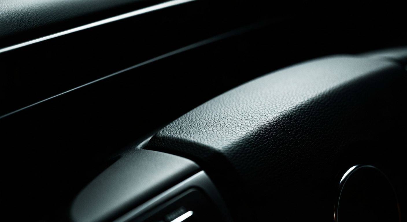 An extreme close-up photograph of the pebbled leather surface of an automotive steering wheel, captured in dramatic lighting that highlights the intricate texture and materiality.
