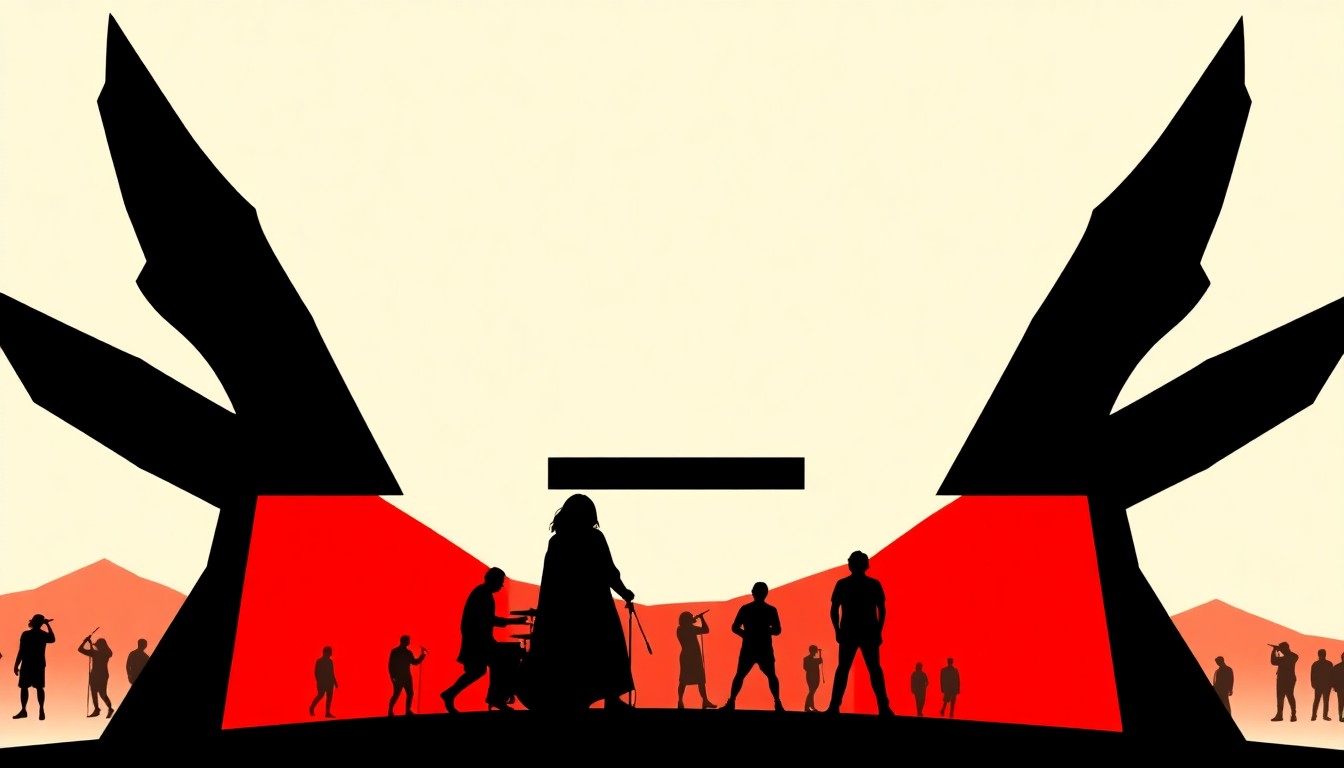 A striking abstract composition featuring bold, jagged geometric shapes in red and white, conceptually representing the historic debut of a Filipino pop group at Coachella.