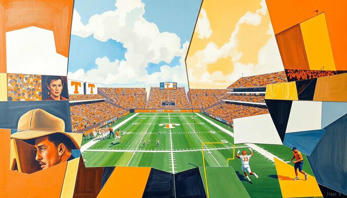 A cubist painting depicting a Tennessee football practice or game, with the players and field broken down into overlapping geometric shapes and planes in the team's signature colors of orange and white.