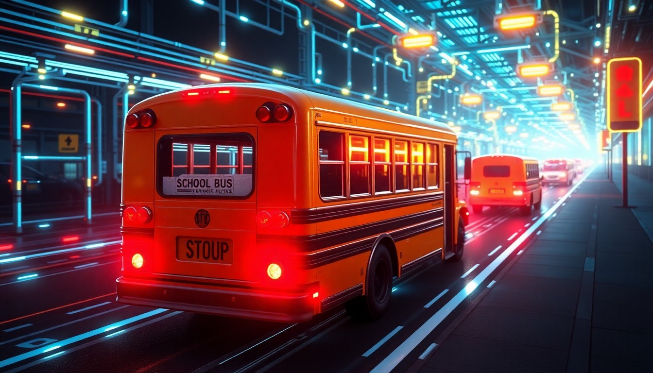 A highly detailed, glowing 3D illustration of a school bus with flashing red lights and stop signs, surrounded by a network of luminous, neon-lit cybernetic infrastructure, conceptually representing the technological complexities of autonomous vehicles navigating school bus safety protocols.