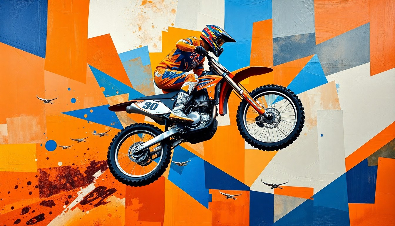 A cubist-style painting depicting a motocross rider in mid-jump, broken down into sharp, overlapping geometric planes of bright colors, conceptually representing the physical and mental strain of the sport.