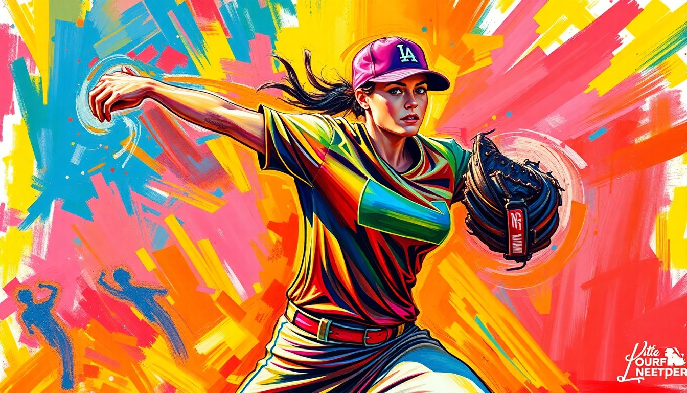 An abstract, expressionist painting in neon colors depicting the powerful pitching motion of a softball player, capturing the raw energy and athleticism of the sport.