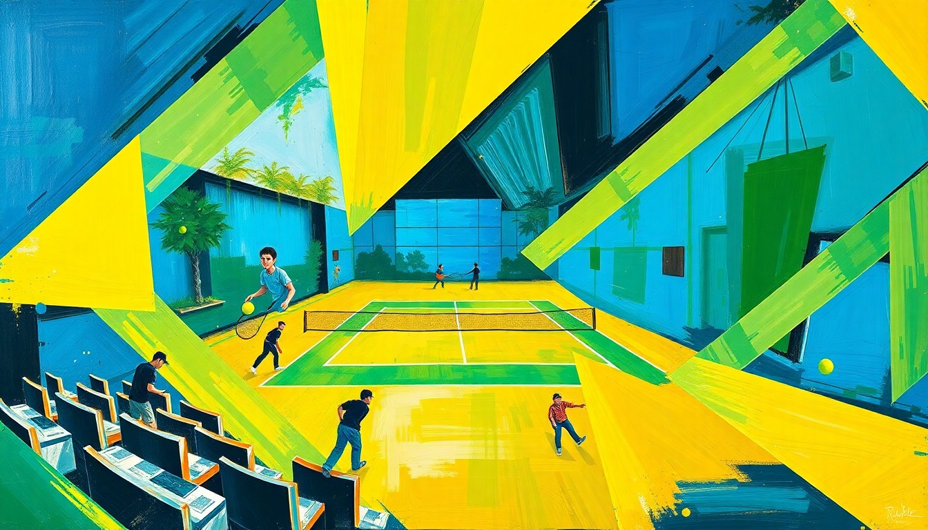 A cubist, fragmented painting depicting a tennis match, with sharp, overlapping geometric shapes in vibrant blues, greens, and yellows, capturing the dynamic energy and strategic complexity of the game.