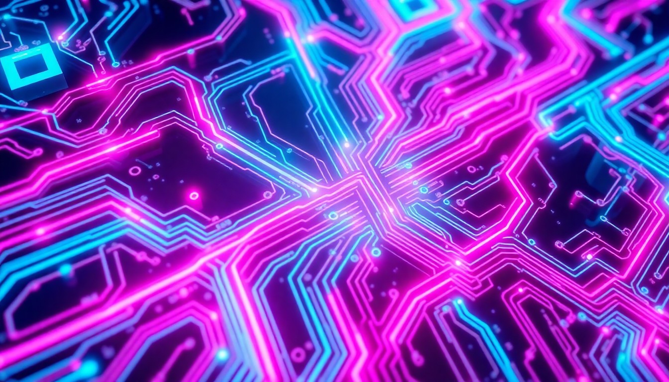 A highly detailed, glowing 3D illustration of a complex circuit board with neon cyan and magenta lights pulsing through the intricate pathways, conceptually representing the advanced digital infrastructure that powers the modern financial system.