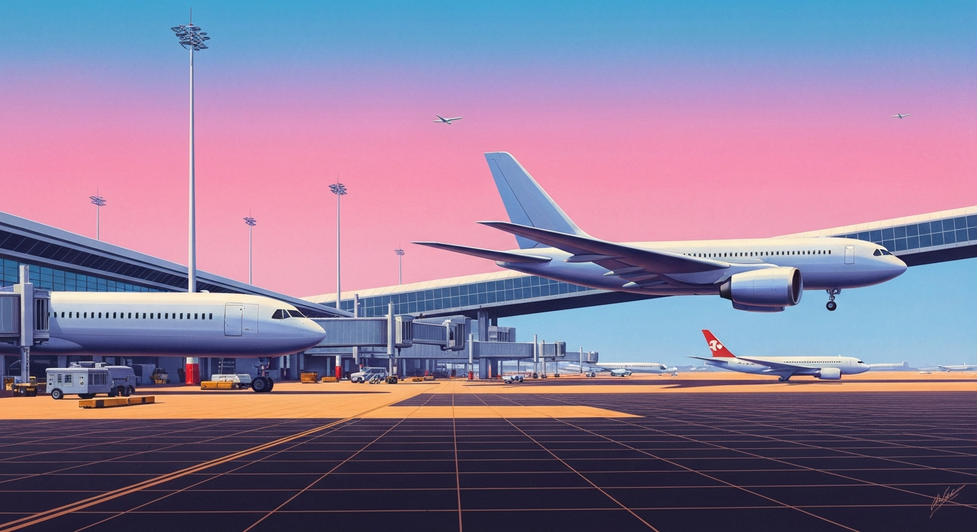 A bold, geometric illustration in the Art Deco style, featuring sweeping gradients and towering perspectives of an airport terminal and runway, capturing the grand scale and romance of air travel without any literal depictions.