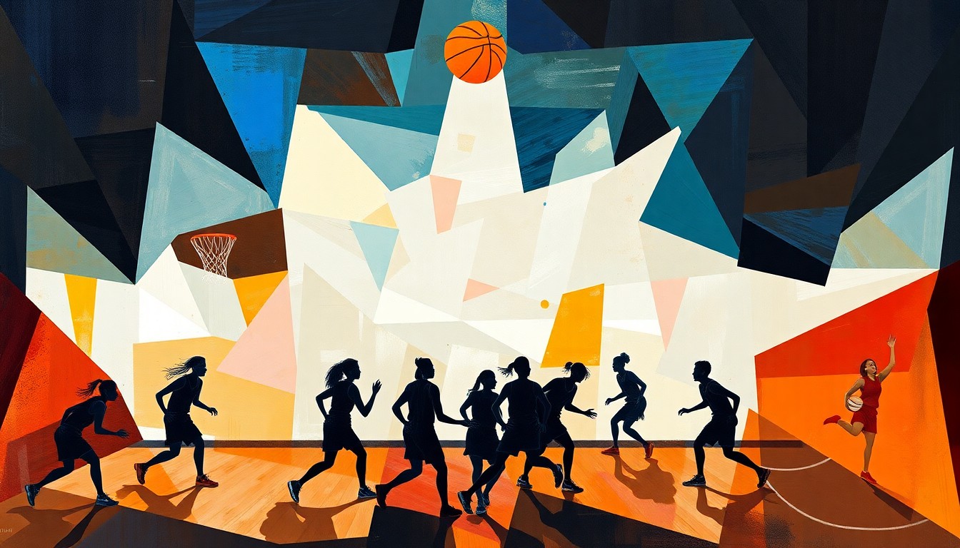 A cubist, geometric painting depicting the silhouettes of WNBA players in motion, capturing the power and dynamism of the sport.