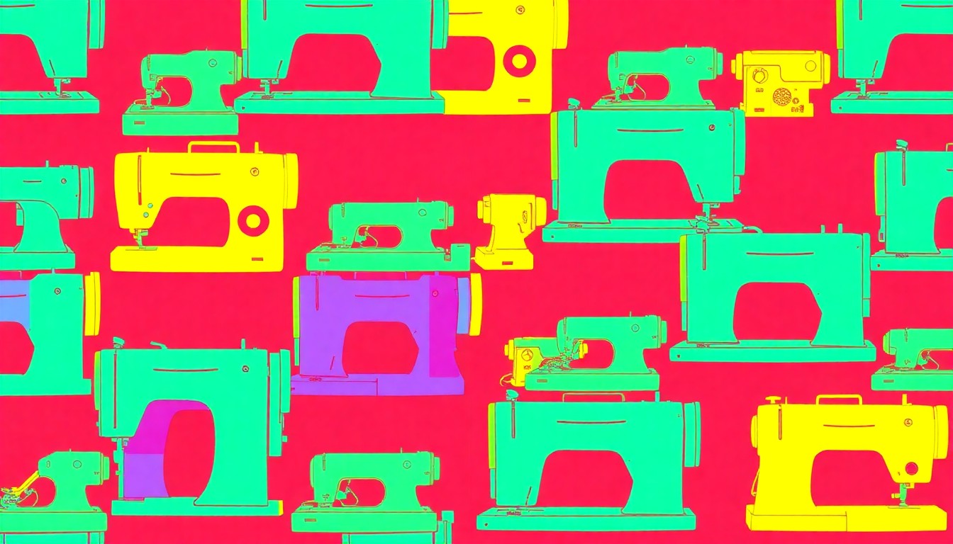A high-contrast, silkscreen-style illustration featuring a grid of brightly colored sewing machines in neon hues, conceptually representing the rise of dedicated hobby spaces in Australian homes.