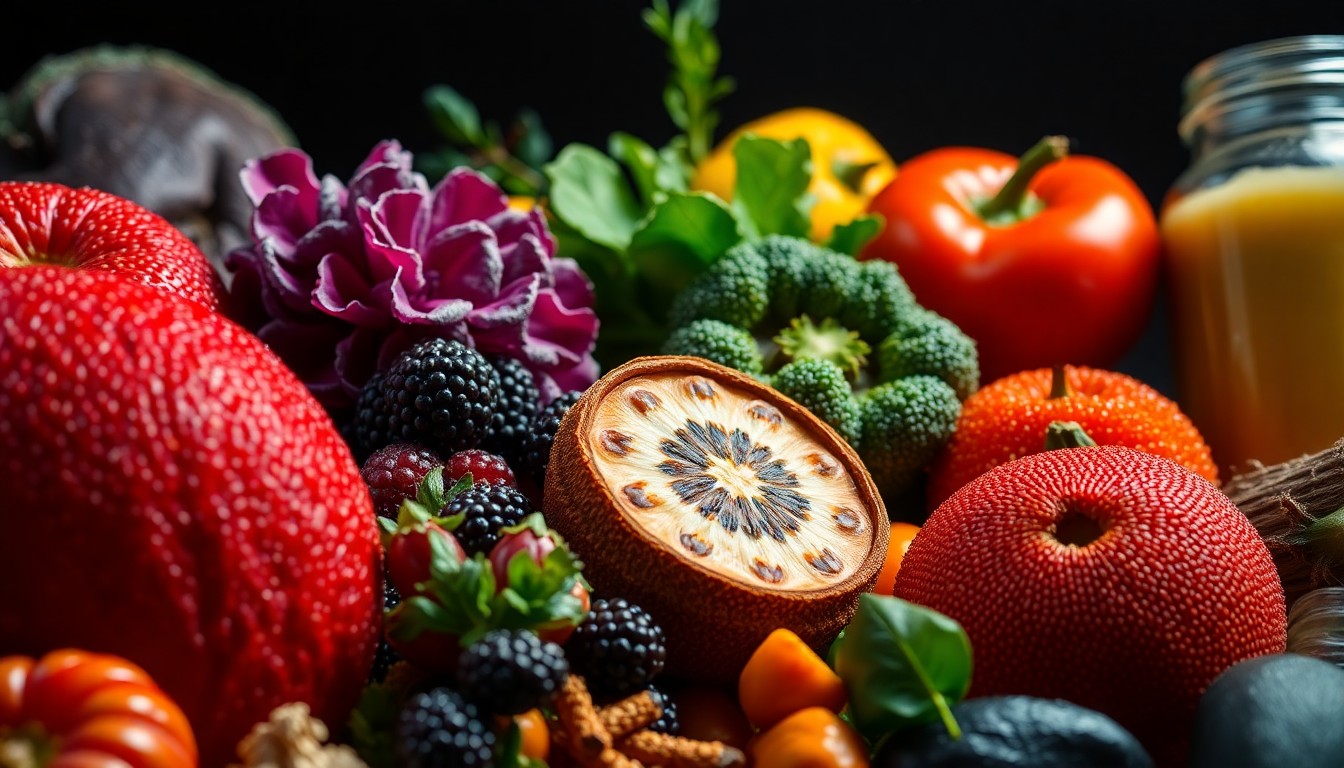 An extreme close-up of lush, textured organic produce and natural health products in a high-contrast studio lighting setup, conceptually representing the celebratory energy of a community-focused anniversary event.
