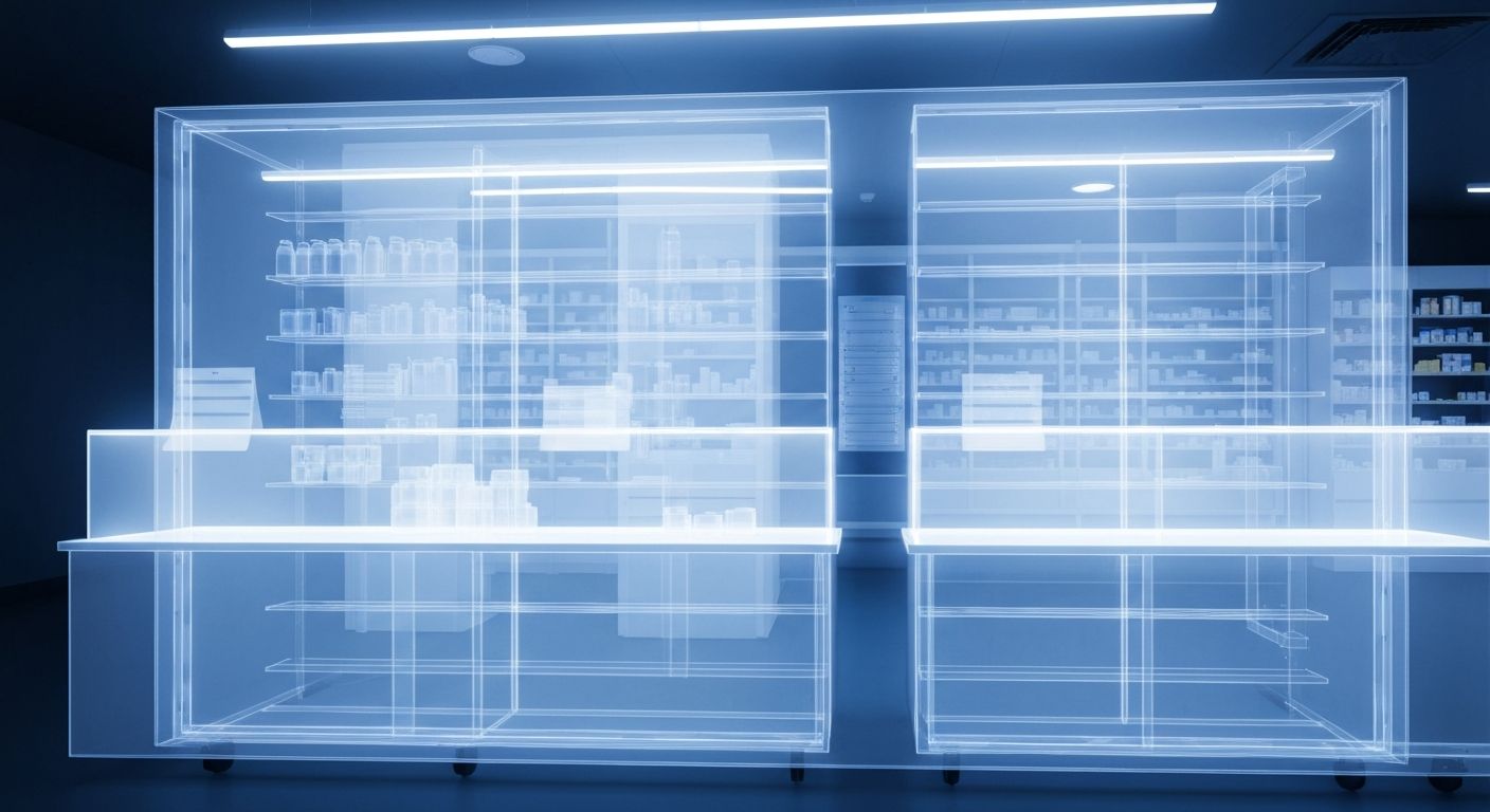 A translucent, ghostly X-ray photograph revealing the intricate internal structure of a modern pharmacy counter, glowing with a faint blue light and conceptually representing the technical complexity and vital role of community-based healthcare infrastructure.