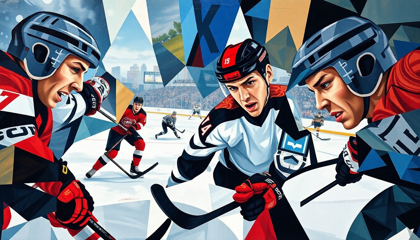 A fragmented, geometric painting depicting the dynamic movements and overlapping perspectives of a hockey game, with the players' forms broken down into abstract shapes and colors.