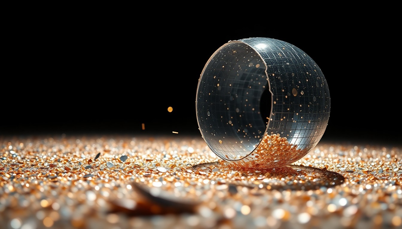 An extreme close-up of shimmering, textured sequins and shards of reflective glass, creating a visually striking and abstract representation of the glamour and drama surrounding celebrity relationships.