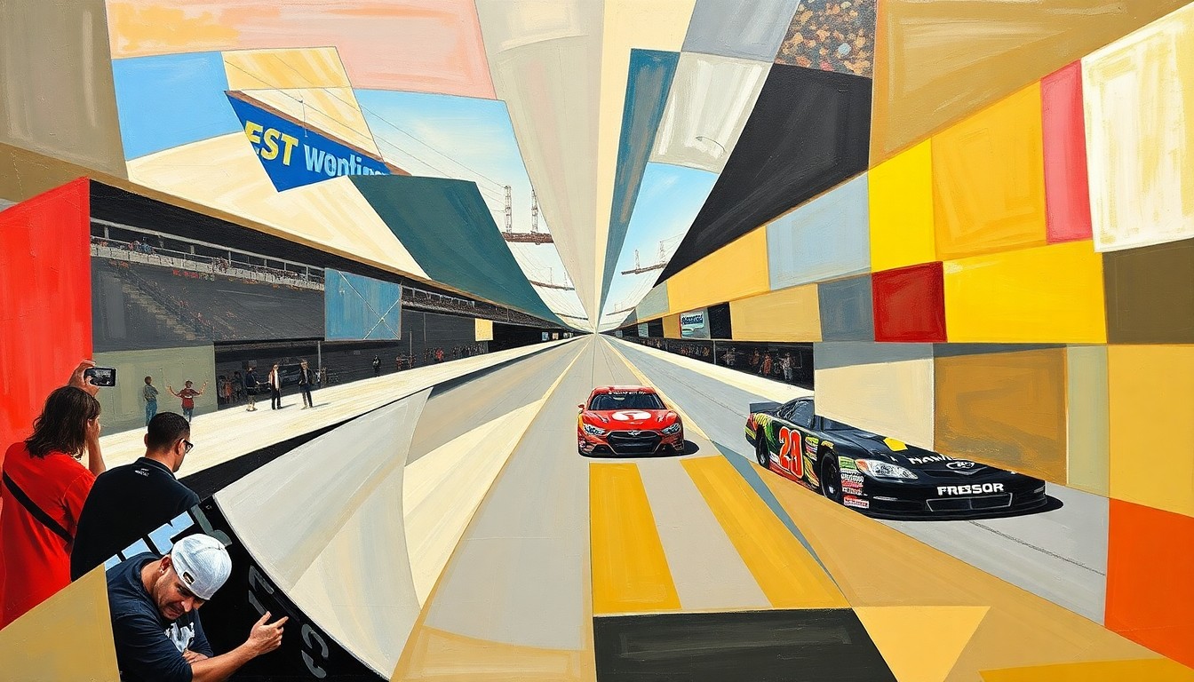 A fractured, multi-perspective painting in a cubist style, breaking down the Chandler Smith disqualification incident into sharp, overlapping geometric planes of color and form, capturing the drama and complexity of the event.