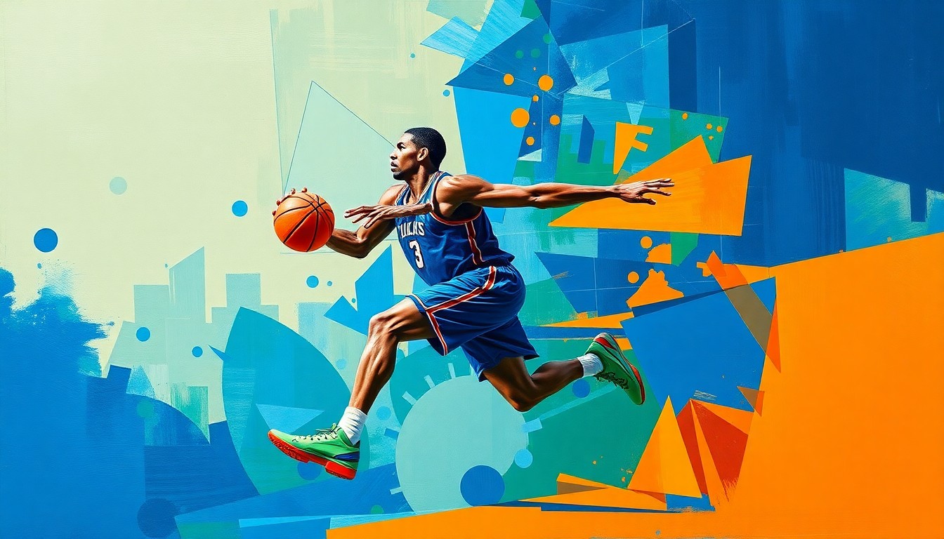 A cubist-style painting depicting a basketball player in motion, with their body and movements fractured into sharp, overlapping geometric shapes in vibrant blue, orange, and green hues, conveying the fluid and unpredictable nature of college basketball transfers.