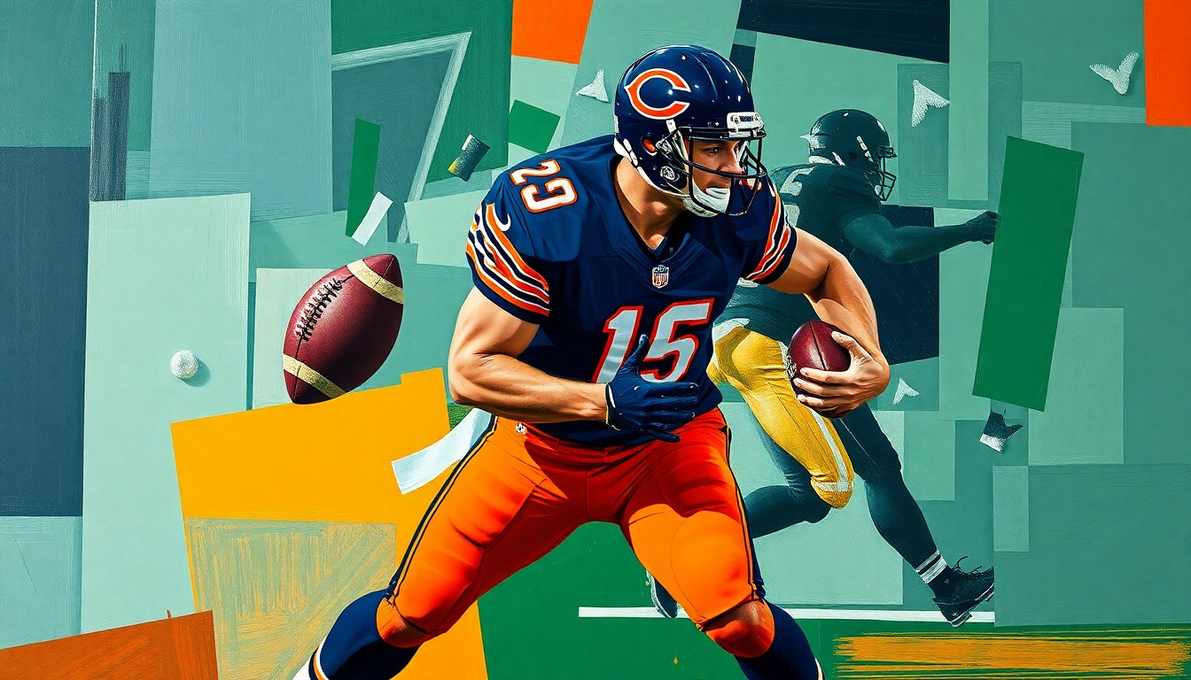 A fragmented, cubist-style painting depicting a football player in the midst of a pass rush, with sharp, overlapping geometric shapes in navy blue, burnt orange, and forest green representing the Chicago Bears' defensive scheme.