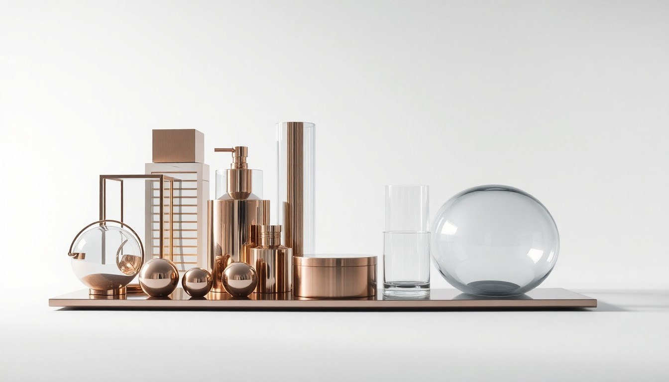 A conceptual studio still life photograph featuring a collection of sleek, polished metal and glass objects arranged on a clean white background, symbolizing the various components of a mixed-use riverfront development project.