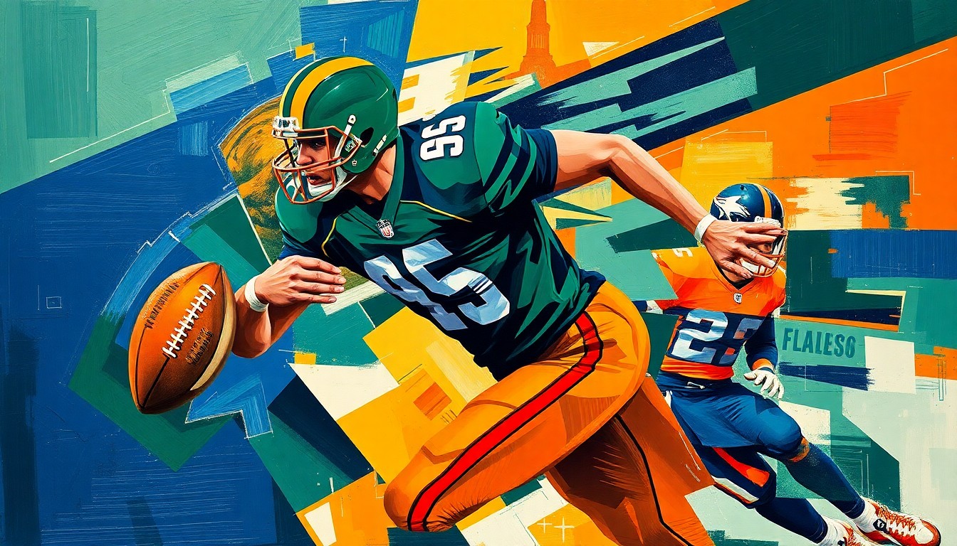 A cubist, geometric painting depicting the explosive motion of a football player rushing the passer, with sharp, overlapping planes of navy, green, and orange conveying the dynamic energy of the upcoming NFL Draft.