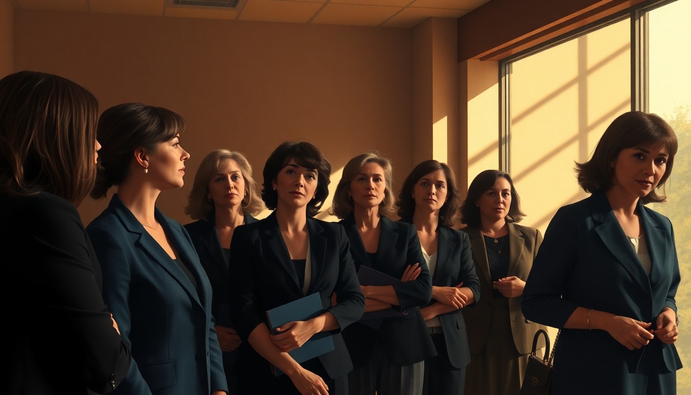A warm, nostalgic painting depicting a group of women in professional attire gathered together in a sunlit community space, their faces obscured but their body language conveying a sense of camaraderie and purpose.