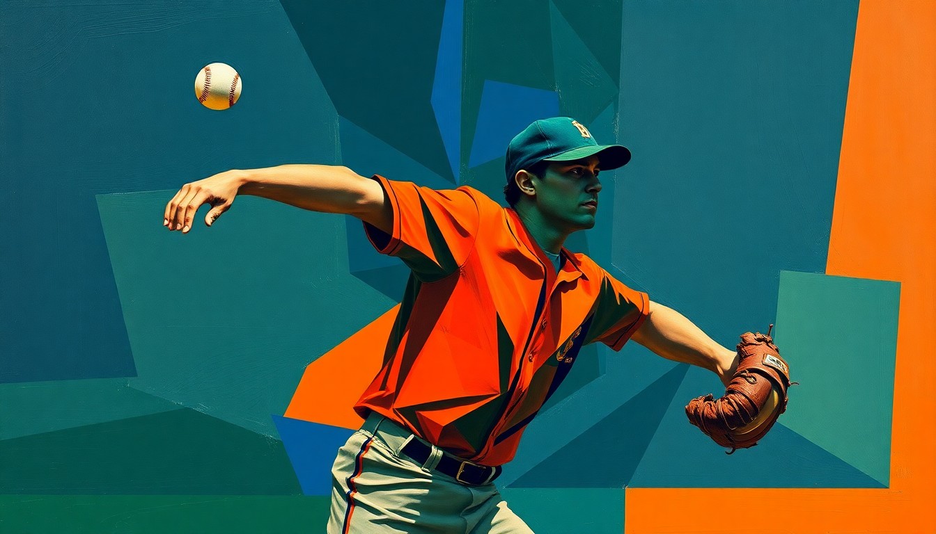 A cubist, geometric painting depicting a baseball pitcher's throwing motion broken down into overlapping planes of navy, green, and orange, conveying the determination and resilience required for an athlete's comeback from injury.