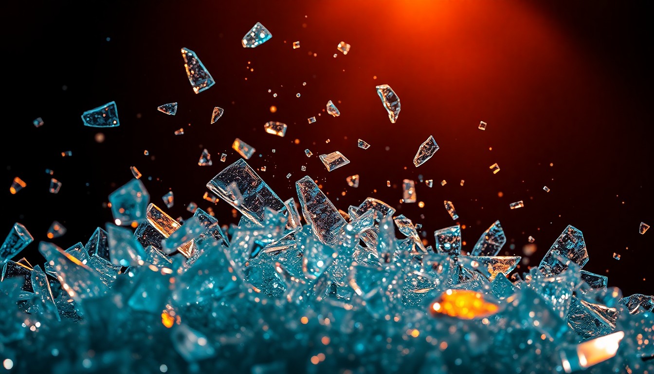 An extreme close-up photograph of shattered, glittering glass shards in high-contrast studio lighting, conceptually representing the raw energy and intensity of Foo Fighters' new rock music.