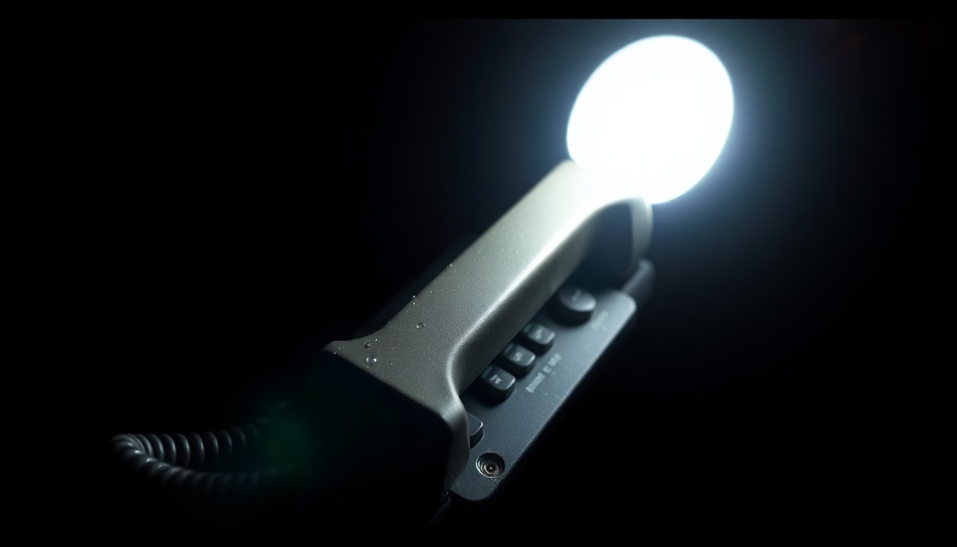 An extreme close-up photograph of a damaged telephone handset, its cord disconnected, reflecting a harsh flash of light against a dark background, conceptually illustrating the temporary loss of a non-emergency police phone line.