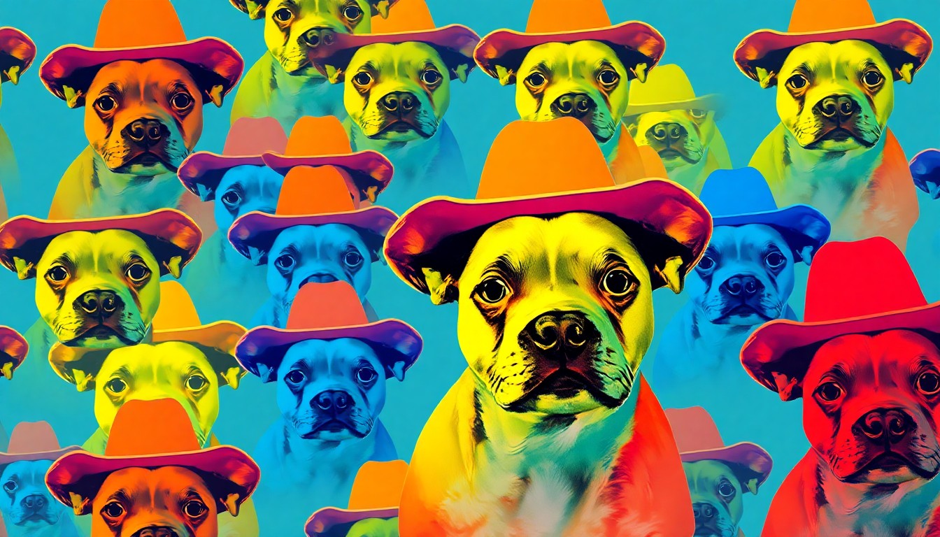 A brightly colored, high-contrast silkscreen print of a single, iconic pit bull puppy wearing a cowboy hat, repeated in a tight grid pattern, conceptually representing the creative approach used by an animal shelter to help adoptable pets stand out and get noticed.