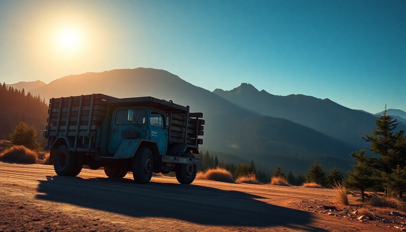 A serene, cinematic painting of a solitary logging truck parked on a dirt road in a mountainous landscape, with warm sunlight and deep shadows creating a contemplative mood.