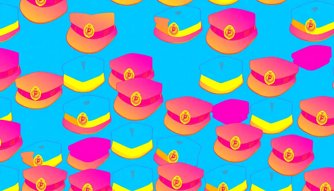 A bold, abstract silkscreen illustration featuring a repeated pattern of a stylized school principal's hat in neon blue, pink, and yellow, capturing the celebratory energy of a community honoring an exceptional educator.